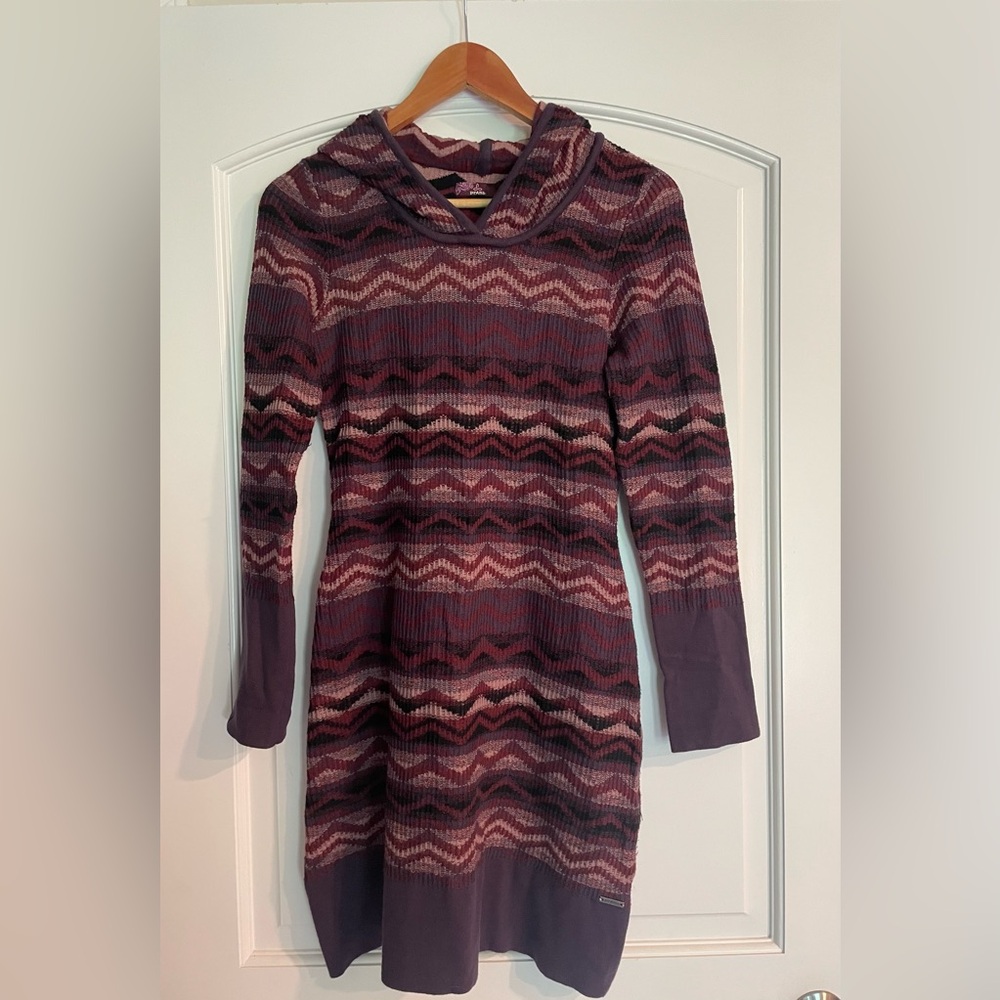 PrAna Purple Chevron Knit Sweater Dress Hooded V-Neck Knee Length Size S